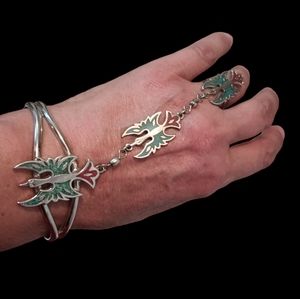 Silver & Turquoise Bracelet With Chain And Ring